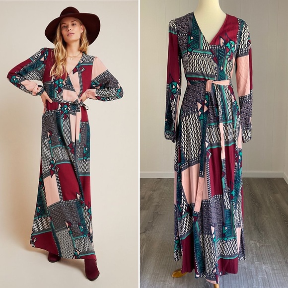 Anthropologie Dresses & Skirts - NWT Anthro Boho Wrap Maxi Dress Red Pink Patchwork